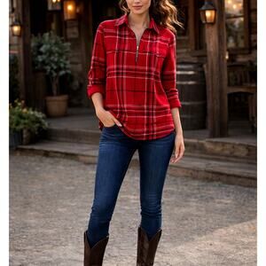Lauren Ralph Lauren Women's Red Plaid Tunic 100% Cotton Flannel Ranch Country